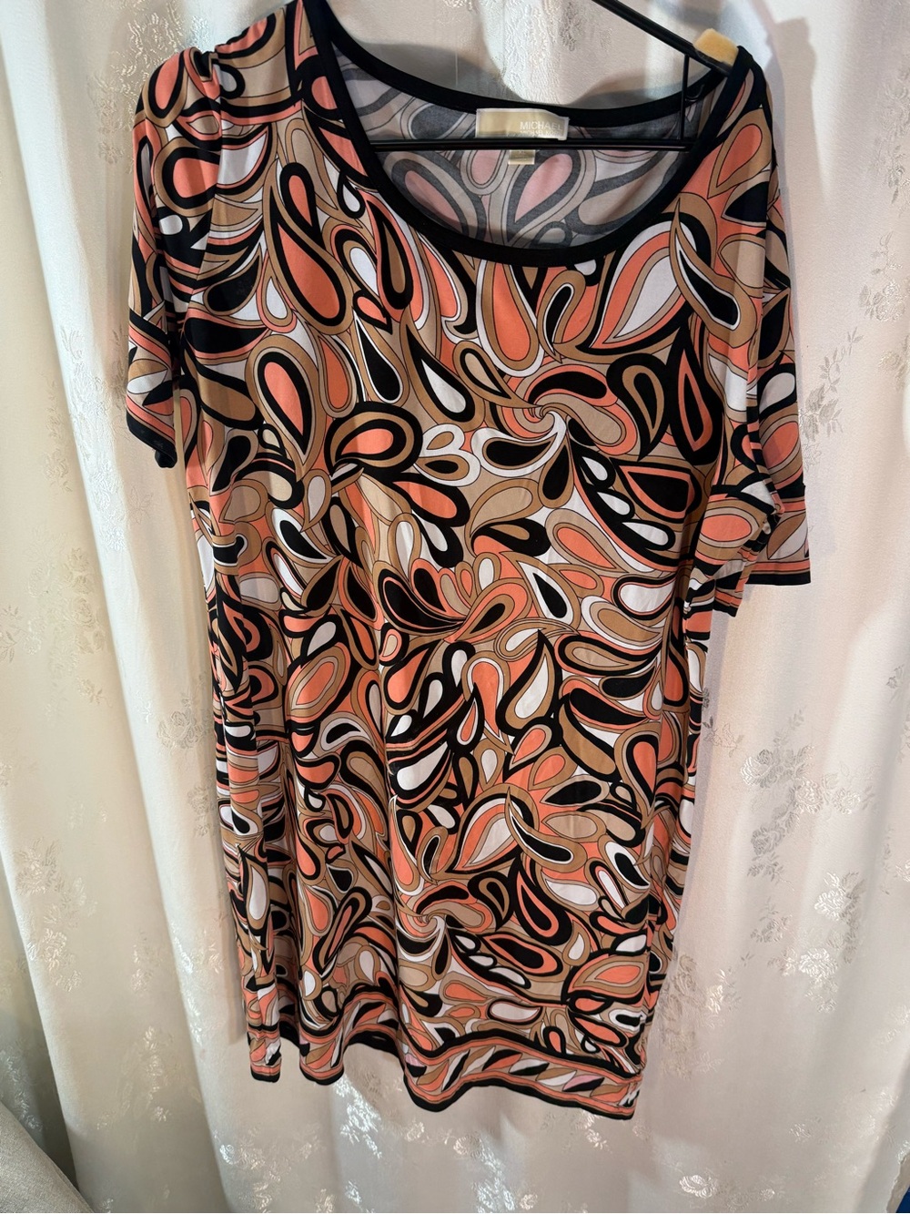 Micheal Kors Abstract Paisley Border Tunic in Coral, Black & Cream